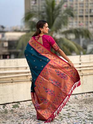 Denim blue zari woven tiny nath meenakari contrast yeola paithani silk blend saree 2