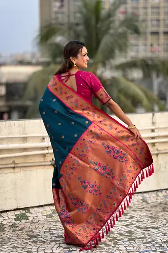 Denim blue zari woven tiny nath meenakari contrast yeola paithani silk blend saree