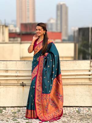 Denim blue zari woven tiny nath meenakari contrast yeola paithani silk blend saree 3