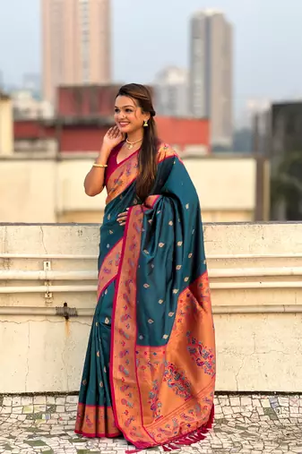 Denim blue zari woven tiny nath meenakari contrast yeola paithani silk blend saree