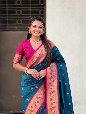 Denim blue zari woven tiny nath meenakari contrast yeola paithani silk blend saree 4