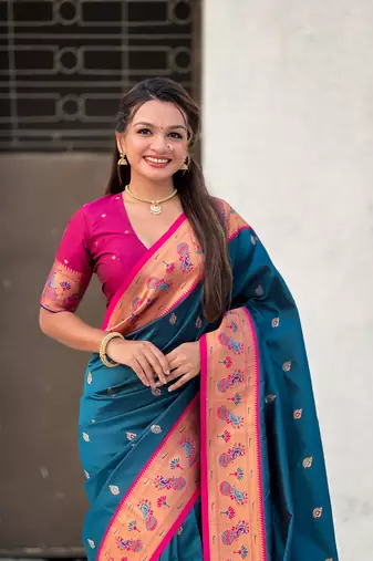 Denim blue zari woven tiny nath meenakari contrast yeola paithani silk blend saree