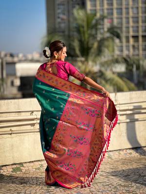 Green zari woven tiny nath meenakari contrast yeola paithani silk blend saree 3
