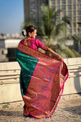 Green zari woven tiny nath meenakari contrast yeola paithani silk blend saree