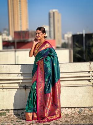 Green zari woven tiny nath meenakari contrast yeola paithani silk blend saree 1