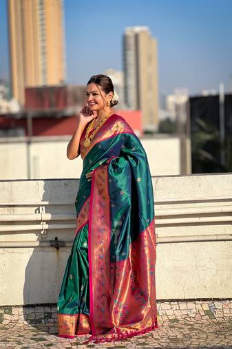 Green zari woven tiny nath meenakari contrast yeola paithani silk blend saree