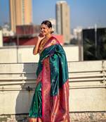 Green zari woven tiny nath meenakari contrast yeola paithani silk blend saree