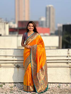 Orange zari woven tiny nath meenakari contrast yeola paithani silk blend saree 1