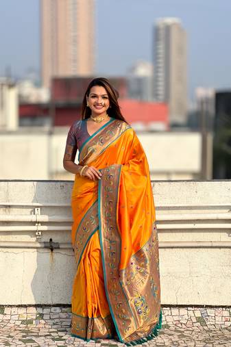 Orange zari woven tiny nath meenakari contrast yeola paithani silk blend saree