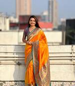 Orange zari woven tiny nath meenakari contrast yeola paithani silk blend saree