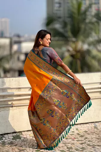 Orange zari woven tiny nath meenakari contrast yeola paithani silk blend saree