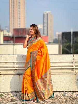 Orange zari woven tiny nath meenakari contrast yeola paithani silk blend saree 3
