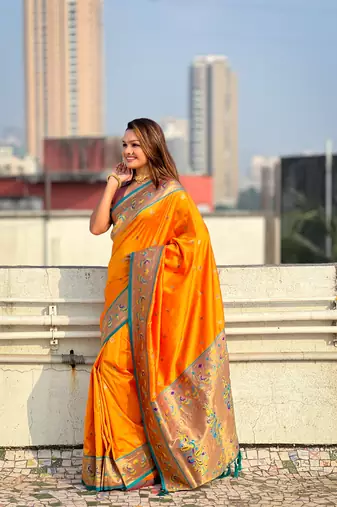 Orange zari woven tiny nath meenakari contrast yeola paithani silk blend saree