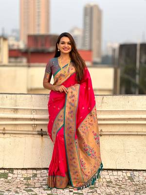 Pink zari woven tiny nath meenakari contrast yeola paithani silk blend saree 1