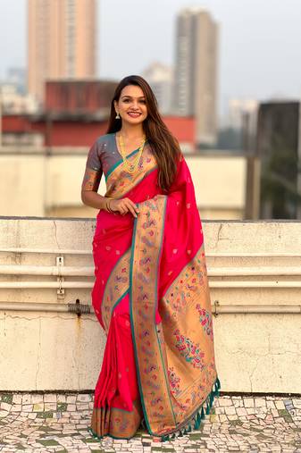 Pink zari woven tiny nath meenakari contrast yeola paithani silk blend saree