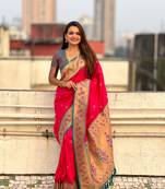 Pink zari woven tiny nath meenakari contrast yeola paithani silk blend saree