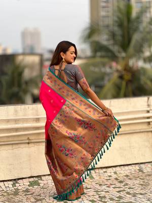 Pink zari woven tiny nath meenakari contrast yeola paithani silk blend saree 2