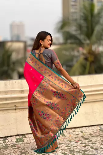 Pink zari woven tiny nath meenakari contrast yeola paithani silk blend saree