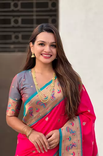 Pink zari woven tiny nath meenakari contrast yeola paithani silk blend saree
