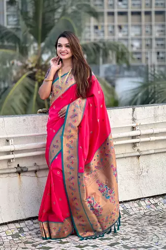 Pink zari woven tiny nath meenakari contrast yeola paithani silk blend saree