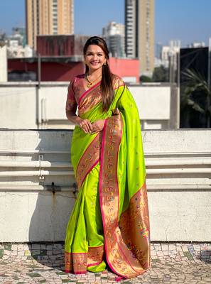 Parrot green zari woven tiny nath meenakari contrast yeola paithani silk blend saree 1
