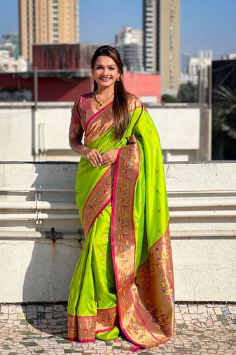 Parrot green zari woven tiny nath meenakari contrast yeola paithani silk blend saree