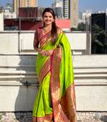 Parrot green zari woven tiny nath meenakari contrast yeola paithani silk blend saree