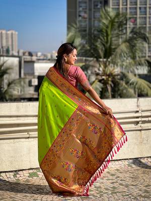 Parrot green zari woven tiny nath meenakari contrast yeola paithani silk blend saree 2