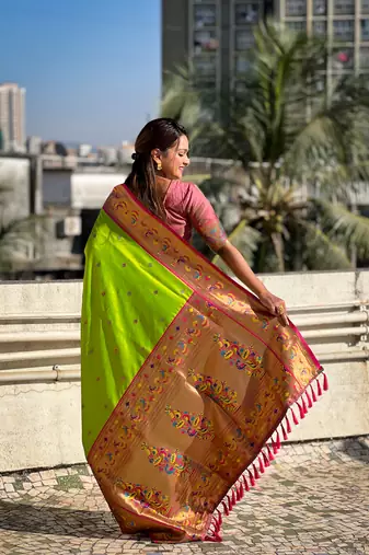 Parrot green zari woven tiny nath meenakari contrast yeola paithani silk blend saree