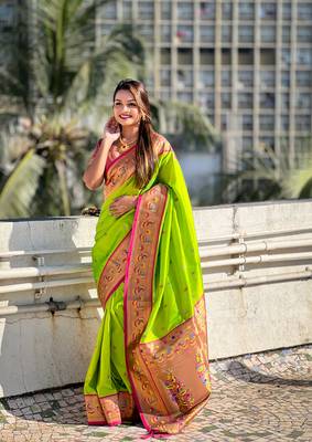 Parrot green zari woven tiny nath meenakari contrast yeola paithani silk blend saree 3