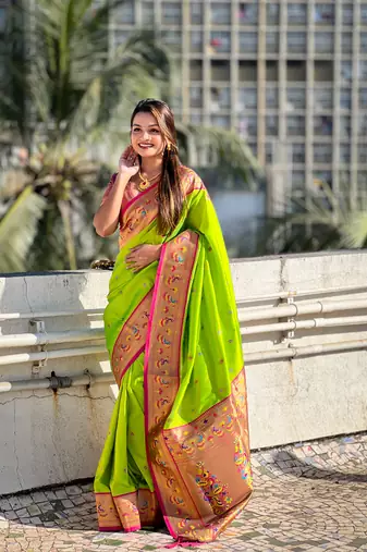 Parrot green zari woven tiny nath meenakari contrast yeola paithani silk blend saree