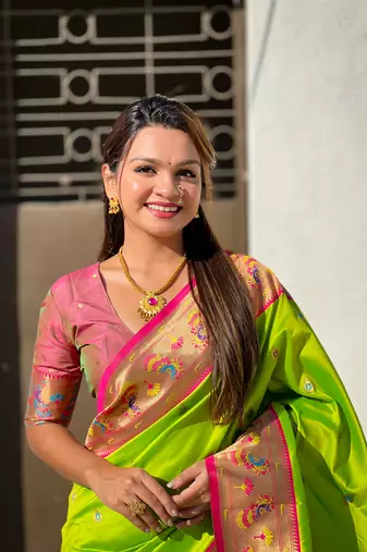 Parrot green zari woven tiny nath meenakari contrast yeola paithani silk blend saree