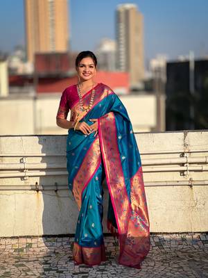 Blue zari woven tiny nath meenakari contrast yeola paithani silk blend saree 1