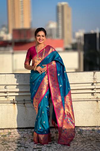 Blue zari woven tiny nath meenakari contrast yeola paithani silk blend saree