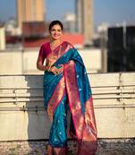 Blue zari woven tiny nath meenakari contrast yeola paithani silk blend saree