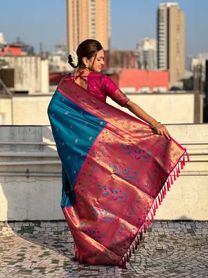 Blue zari woven tiny nath meenakari contrast yeola paithani silk blend saree 2