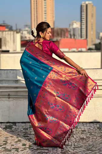 Blue zari woven tiny nath meenakari contrast yeola paithani silk blend saree