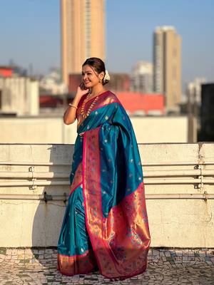 Blue zari woven tiny nath meenakari contrast yeola paithani silk blend saree 3