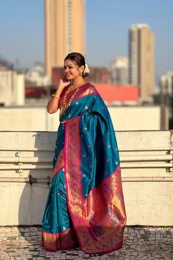 Blue zari woven tiny nath meenakari contrast yeola paithani silk blend saree