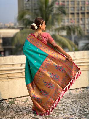 Sky blue zari woven tiny nath meenakari contrast yeola paithani silk blend saree 3