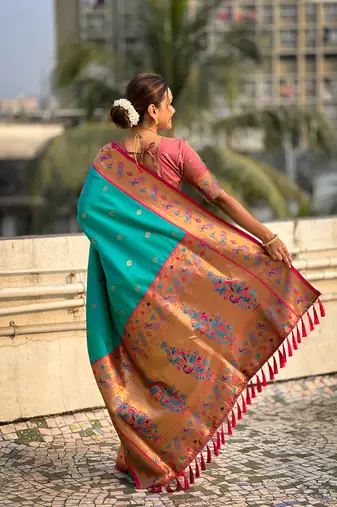 Sky blue zari woven tiny nath meenakari contrast yeola paithani silk blend saree