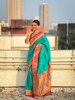 Sky blue zari woven tiny nath meenakari contrast yeola paithani silk blend saree 1