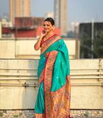 Sky blue zari woven tiny nath meenakari contrast yeola paithani silk blend saree