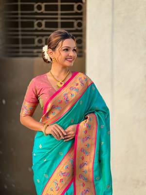 Sky blue zari woven tiny nath meenakari contrast yeola paithani silk blend saree 4