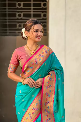 Sky blue zari woven tiny nath meenakari contrast yeola paithani silk blend saree