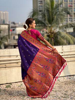 Violet zari woven tiny nath meenakari contrast yeola paithani silk blend saree 3