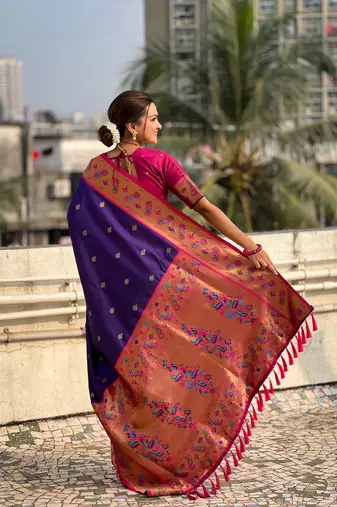Violet zari woven tiny nath meenakari contrast yeola paithani silk blend saree