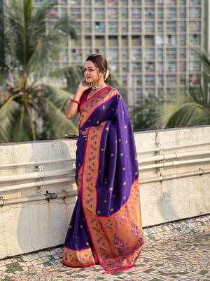Violet zari woven tiny nath meenakari contrast yeola paithani silk blend saree 1