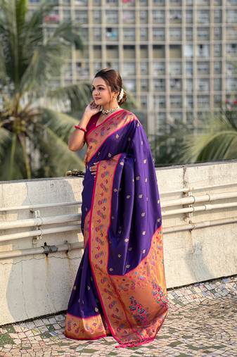 Violet zari woven tiny nath meenakari contrast yeola paithani silk blend saree