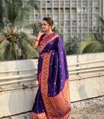 Violet zari woven tiny nath meenakari contrast yeola paithani silk blend saree